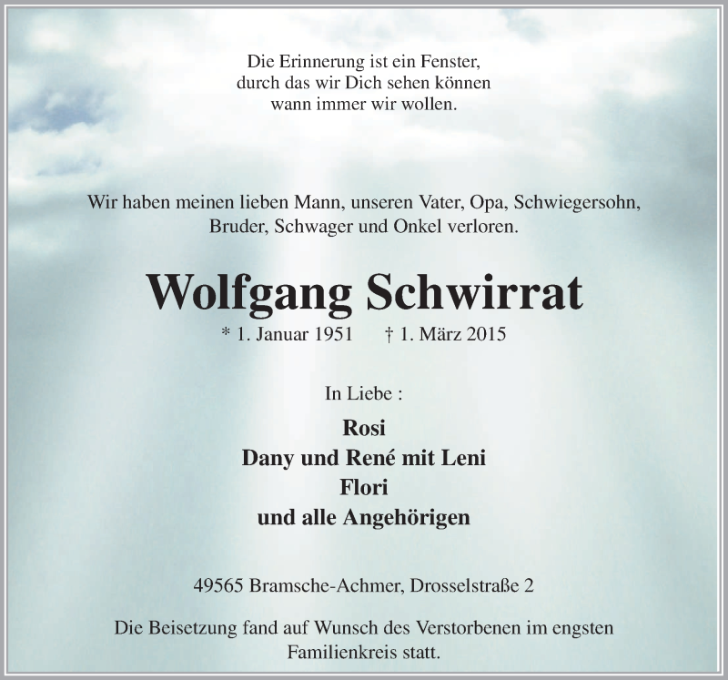 Traueranzeige für Wolfgang Schwirrat vom 07.03.2015 aus Neue Osnabrücker Zeitung GmbH & Co. KG