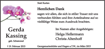 Traueranzeige von Gerda Kassing von Neue Osnabrücker Zeitung GmbH & Co. KG