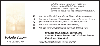 Traueranzeige von Frieda Lasse von Neue Osnabrücker Zeitung GmbH & Co. KG