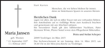 Traueranzeige von Maria Jansen von Neue Osnabrücker Zeitung GmbH & Co. KG