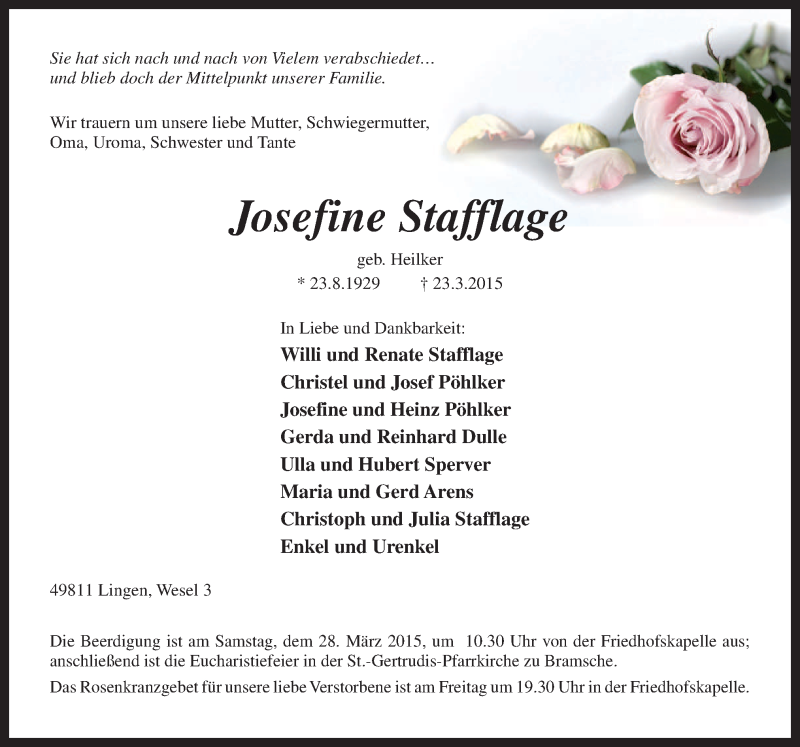  Traueranzeige für Josefine Stafflage vom 25.03.2015 aus Neue Osnabrücker Zeitung GmbH & Co. KG
