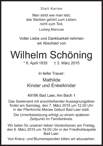 Traueranzeige von Wilhelm Schöning von Neue Osnabrücker Zeitung GmbH & Co. KG