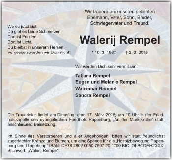 Traueranzeige von Walerij Rempel von Neue Osnabrücker Zeitung GmbH & Co. KG