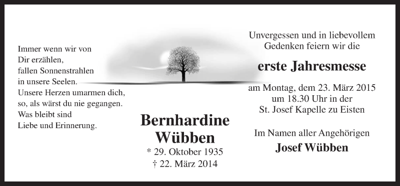  Traueranzeige für Bernhardine Wübben vom 20.03.2015 aus Neue Osnabrücker Zeitung GmbH & Co. KG