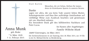 Traueranzeige von Anna Munk von Neue Osnabrücker Zeitung GmbH & Co. KG