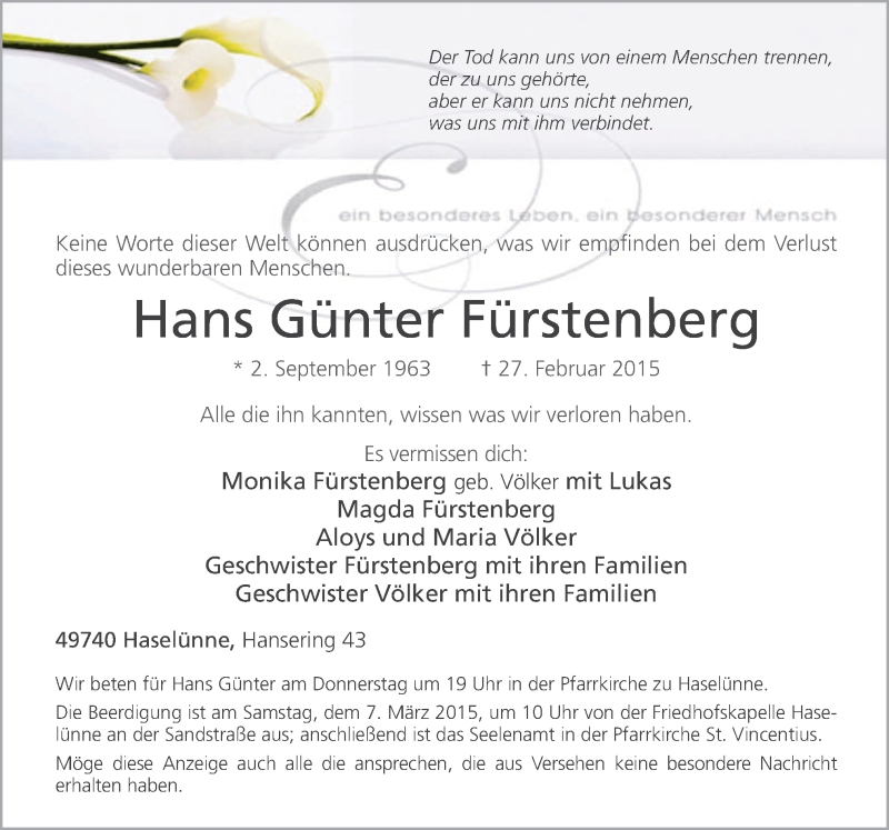  Traueranzeige für Hans Günter Fürstenberg vom 04.03.2015 aus Neue Osnabrücker Zeitung GmbH & Co. KG