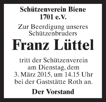 Traueranzeige von Franz Lüttel von Neue Osnabrücker Zeitung GmbH & Co. KG