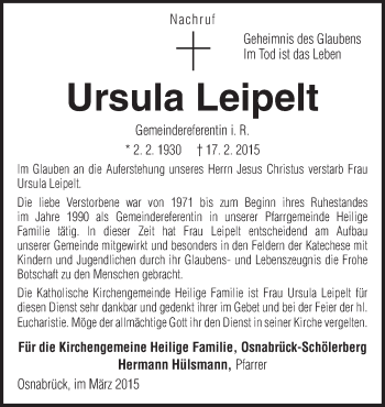Traueranzeige von Ursula Leipelt von Neue Osnabrücker Zeitung GmbH & Co. KG