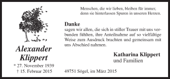 Traueranzeige von Alexander Klippert von Neue Osnabrücker Zeitung GmbH & Co. KG