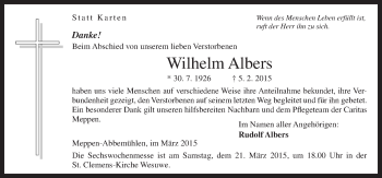 Traueranzeige von Wilhelm Albers von Neue Osnabrücker Zeitung GmbH & Co. KG