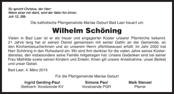 Traueranzeige von Wilhelm Schöning von Neue Osnabrücker Zeitung GmbH & Co. KG