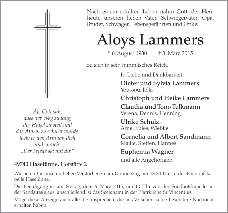  Traueranzeige für Aloys Lammers vom 05.03.2015 aus Neue Osnabrücker Zeitung GmbH & Co. KG