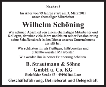 Traueranzeige von Wilhelm Schöning von Neue Osnabrücker Zeitung GmbH & Co. KG