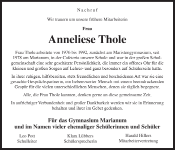 Traueranzeige von Anneliese Thole von Neue Osnabrücker Zeitung GmbH & Co. KG