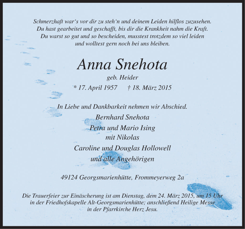  Traueranzeige für Anna Snehota vom 23.03.2015 aus Neue Osnabrücker Zeitung GmbH & Co. KG