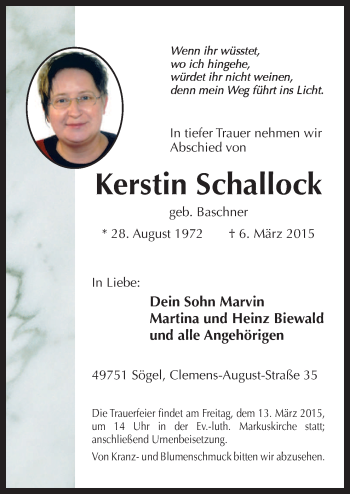 Traueranzeige von Kerstin Schallock von Neue Osnabrücker Zeitung GmbH & Co. KG