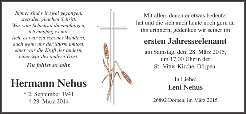  Traueranzeige für Hermann Nehus vom 23.03.2015 aus Neue Osnabrücker Zeitung GmbH & Co. KG