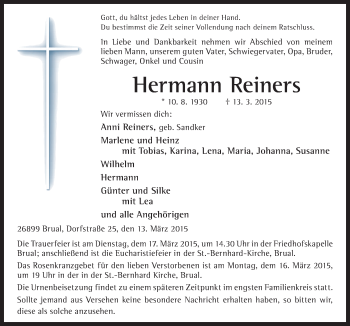 Traueranzeige von Hermann Reiners von Neue Osnabrücker Zeitung GmbH & Co. KG