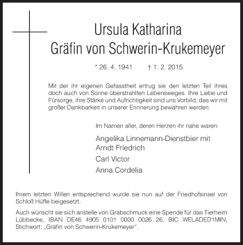 Traueranzeige von Ursula Katharina Gräfin von Schwerin-Krukemeyer von Neue Osnabrücker Zeitung GmbH & Co. KG