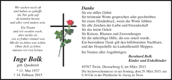 Traueranzeige von Inge Bolk von Neue Osnabrücker Zeitung GmbH & Co. KG