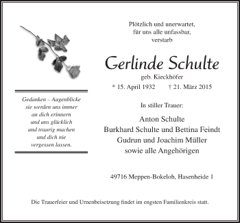 Traueranzeige von Gerlinde Schulte von Neue Osnabrücker Zeitung GmbH & Co. KG