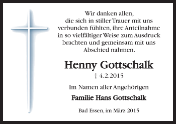 Traueranzeige von Henny Gottschalk von Neue Osnabrücker Zeitung GmbH & Co. KG