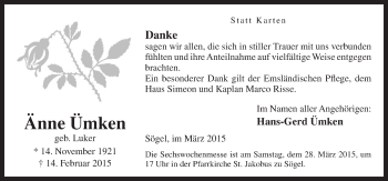 Traueranzeige von Änne Ümken von Neue Osnabrücker Zeitung GmbH & Co. KG