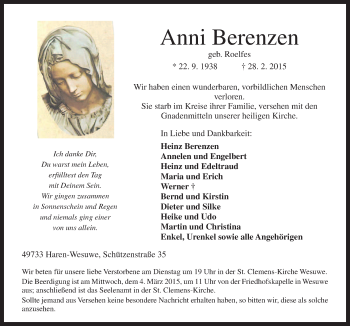 Traueranzeige von Anni Berenzen von Neue Osnabrücker Zeitung GmbH & Co. KG
