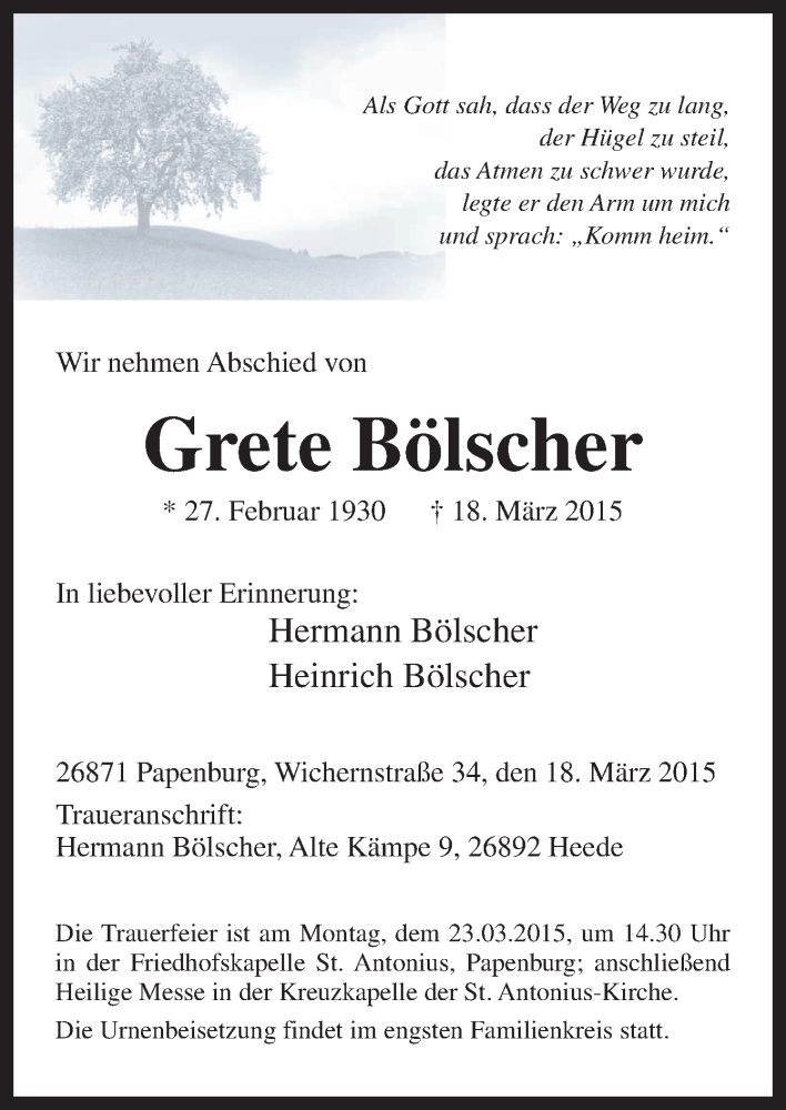 Traueranzeige für Grete Bölscher vom 20.03.2015 aus Neue Osnabrücker Zeitung GmbH & Co. KG
