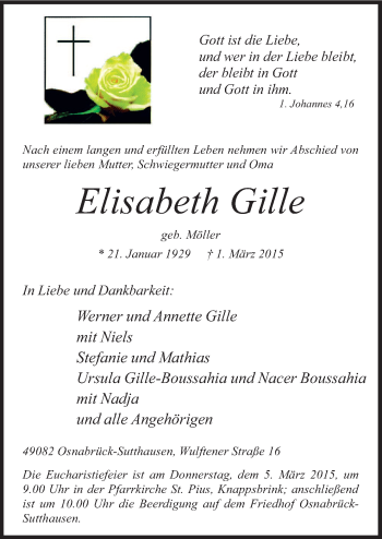 Traueranzeige von Elisabeth Gille von Neue Osnabrücker Zeitung GmbH & Co. KG