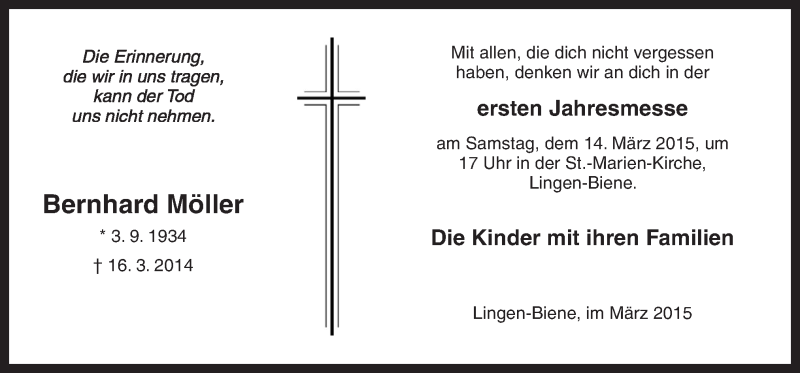  Traueranzeige für Bernhard Möller vom 12.03.2015 aus Neue Osnabrücker Zeitung GmbH & Co. KG