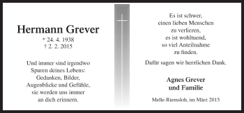 Traueranzeige von Hermann Grever von Neue Osnabrücker Zeitung GmbH & Co. KG