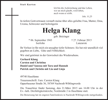 Traueranzeige von Helga Klang von Neue Osnabrücker Zeitung GmbH & Co. KG