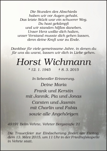 Traueranzeige von Horst Wichmann von Neue Osnabrücker Zeitung GmbH & Co. KG
