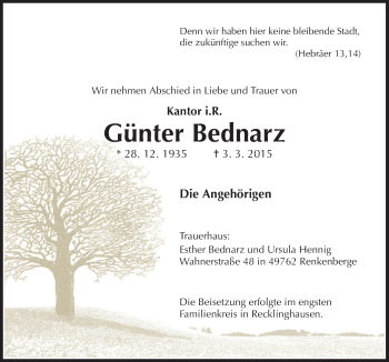 Traueranzeige von Günter Bednarz von Neue Osnabrücker Zeitung GmbH & Co. KG