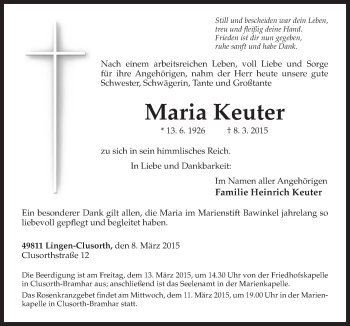 Traueranzeige von Maria Kreuter von Neue Osnabrücker Zeitung GmbH & Co. KG