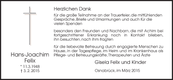 Traueranzeige von Hans-Joachim Felix von Neue Osnabrücker Zeitung GmbH & Co. KG