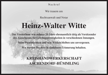 Traueranzeige von Heinz-Walter Witte von Neue Osnabrücker Zeitung GmbH & Co. KG
