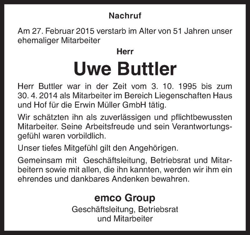  Traueranzeige für Uwe Buttler vom 07.03.2015 aus Neue Osnabrücker Zeitung GmbH & Co. KG