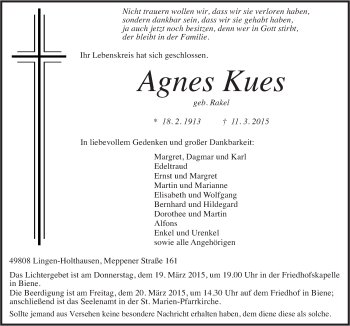 Traueranzeige von Agnes Kues von Neue Osnabrücker Zeitung GmbH & Co. KG