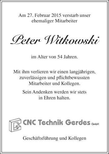 Traueranzeige von Peter Witkowski von Neue Osnabrücker Zeitung GmbH & Co. KG