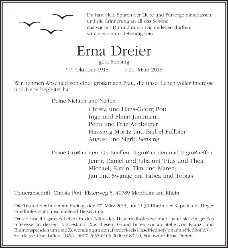  Traueranzeige für Erna Dreier vom 24.03.2015 aus Neue Osnabrücker Zeitung GmbH & Co. KG