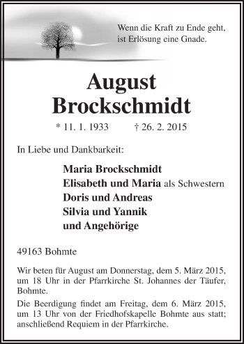 Traueranzeige von August Brockschmidt von Neue Osnabrücker Zeitung GmbH & Co. KG
