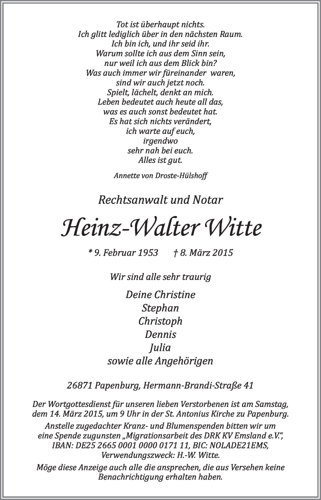  Traueranzeige für Heinz-Walter Witte vom 11.03.2015 aus Neue Osnabrücker Zeitung GmbH & Co. KG