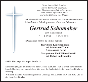 Traueranzeige von Gertrud Schomaker von Neue Osnabrücker Zeitung GmbH & Co. KG