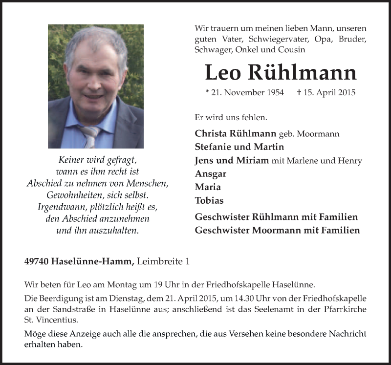  Traueranzeige für Leo Rühlmann vom 18.04.2015 aus Neue Osnabrücker Zeitung GmbH & Co. KG