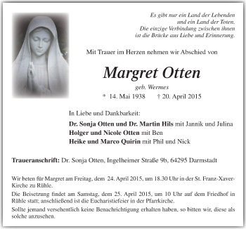 Traueranzeige von Margret Otten von Neue Osnabrücker Zeitung GmbH & Co. KG