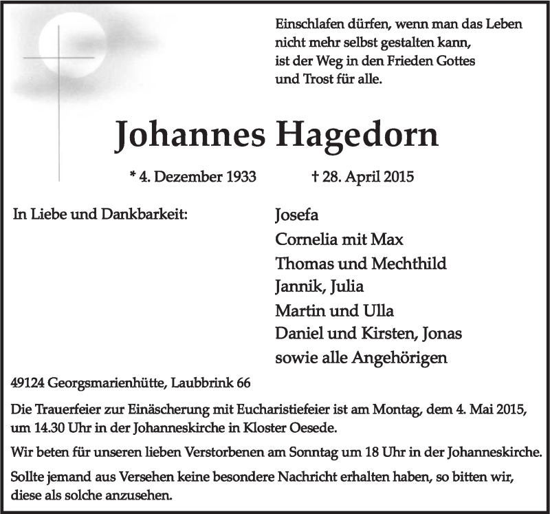  Traueranzeige für Johannes Hagedorn vom 30.04.2015 aus Neue Osnabrücker Zeitung GmbH & Co. KG