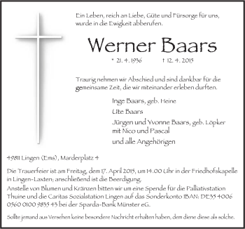 Traueranzeige von Werner Baars von Neue Osnabrücker Zeitung GmbH & Co. KG