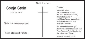 Traueranzeige von Sonja Stein von Neue Osnabrücker Zeitung GmbH & Co. KG